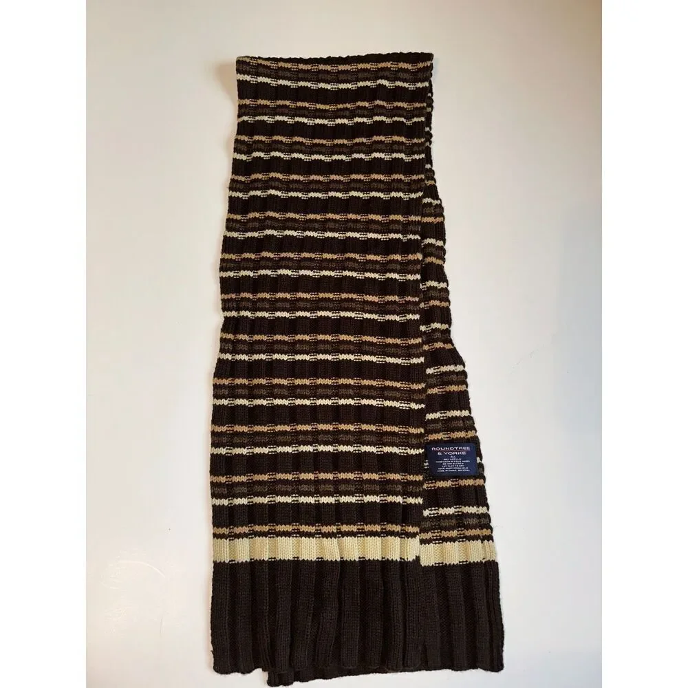 Roundtree & Yorke Men's Scarf Brown Beige Striped Knit Ribbed